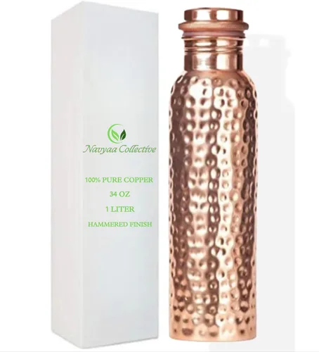 Botella de agua de cobre 100% puro para agua potable – Botella de cobre ayurvédica a prueba de fugas de 34 onzas | Diseño martillado hecho a mano |