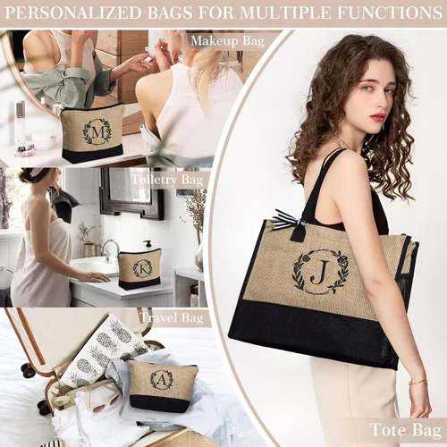 Miniatura 2 de YOOLIFE Regalos personalizados para mujeres, bolsa de yute con inicial y bolsa de maquillaje, regalos de cumpleaños para mujeres, mamá, esposa