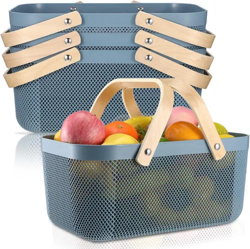 Miniatura 10 de Sadnyy 4 cestas de almacenamiento de malla de plástico para cosecha de jardín con mango de madera, contenedor de malla multifuncional para gabinete