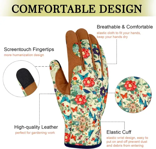 Miniatura 3 de Guantes de jardinería de cuero para mujer, guantes de jardín a prueba de espinas, guantes de trabajo para pantalla táctil, regalos ColorJ