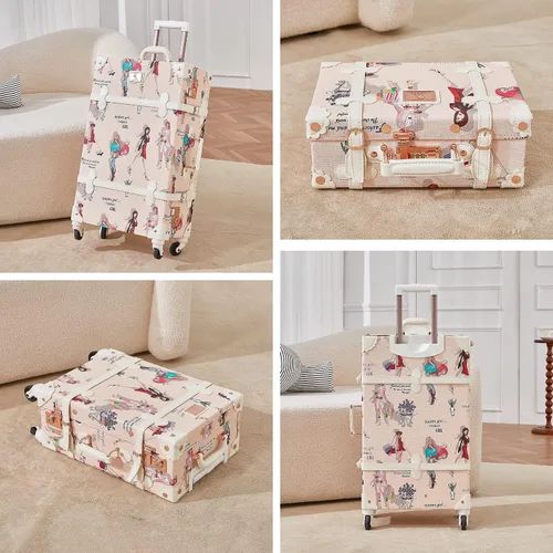 Miniatura 2 de Unitravel Juego de equipaje vintage, juego de maleta de mano para mujer con cerradura TSA, baúl giratorio de piel sintética con funda de tren de 12