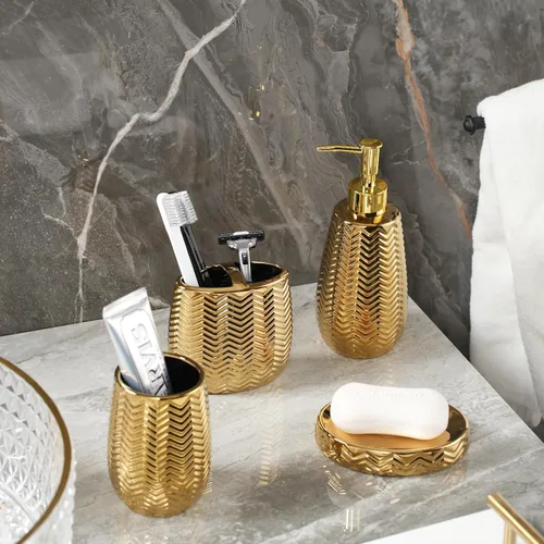 Miniatura 5 de Juego de 4 accesorios de baño, accesorios de baño de cerámica dorada completos con dispensador de jabón, soporte para cepillos de dientes, vaso