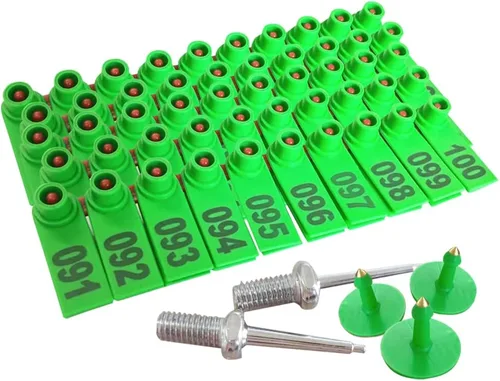 MIZORLIE Etiqueta de oreja de oveja 001-100 numeradas etiquetas de oreja de cabra (Número plástico ganado etiqueta animal) verde