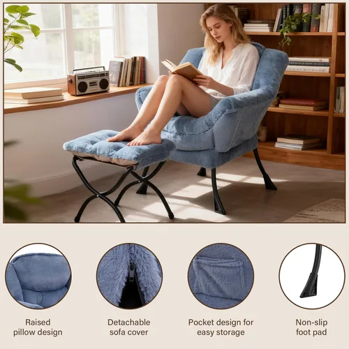 Miniatura 4 de Welnow - Silla perezosa con otomana, moderna silla de descanso con reposabrazos y bolsillo lateral, juego de sillón tapizado de ocio, sillón