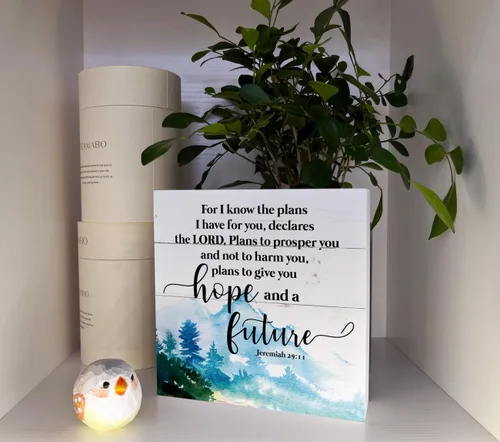 Miniatura 4 de Señales de madera cristianas, versículo de la Biblia Jeremías 29:11 - Porque sé los planes que tengo para ti, señal de caja decorativa para mesa