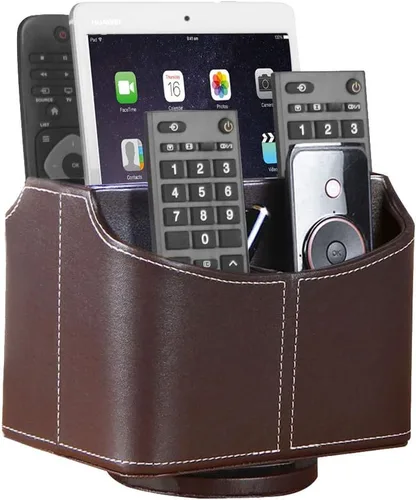 Miniatura 11 de YAPISHI Soporte para control remoto de cuero antiguo, caja giratoria de 360 grados para escritorio, organizador de mesa de noche para control