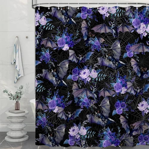 Cortina de ducha de color morado oscuro, gótica, espeluznante, floral, murciélagos negros y morados, cortinas de ducha de telaraña para Halloween,