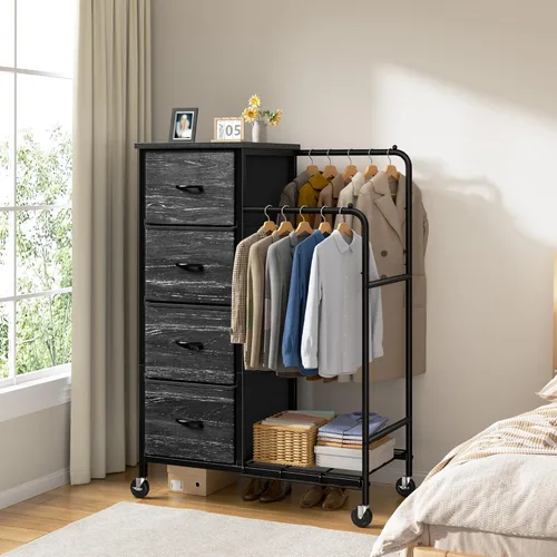 Miniatura 5 de Romorgniz Cómoda 3 en 1 con estante para colgar, 4 cajones de tela con doble perchero y ruedas, organizador alto de armario para dormitorio, Negro