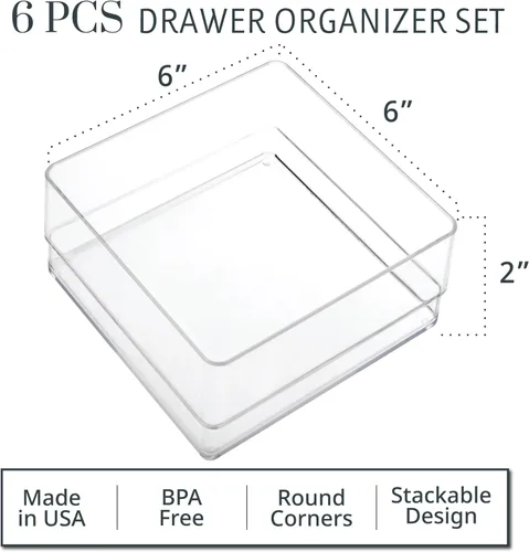 Miniatura 2 de STORi SimpleSort Juego de 6 organizadores de cajones transparentes apilables Bandejas cuadradas de 6" x 6" x 2" Pequeños cubos de almacenamiento