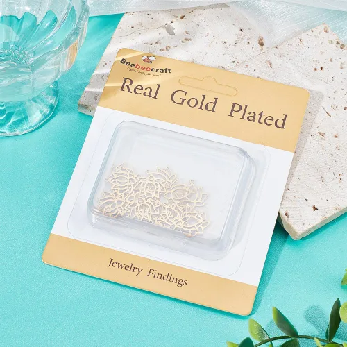 Miniatura 6 de Beebeecraft 1 Box 20Pcs Lotus Flower Charms 18K Gold Plated Brass Tibetan Style Flat Flower Charms for Jewelry Making