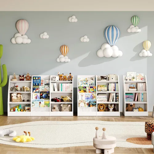 Miniatura 7 de Estantería para niños de 4 niveles, estante de 4 capas para habitaciones de niños, estantería de madera XXL para niños, estante de almacenamiento