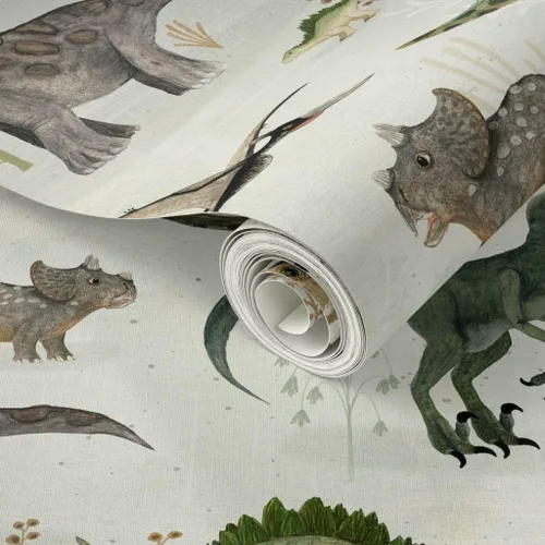 Miniatura 2 de Spoonflower Papel tapiz para despegar y pegar - Dinosaurios grandes Verde Niños Gris Animales Niños Ilustración Dino Papel pintado extraíble