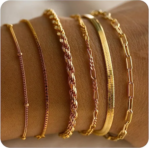 Gold Bracelets for Women, 14K Gold Layered Bracelets Set Dainty Herringbone Chain Paperclip Link Bracelets Gold Cuban Bracelets for Women