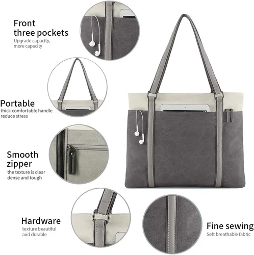 Miniatura 3 de Laptop Tote Bag for Women, 15.6 Inch Work Bag with Laptop Compartment and Zipper, Canvas Computer Tote for Teacher Grisoscuro
