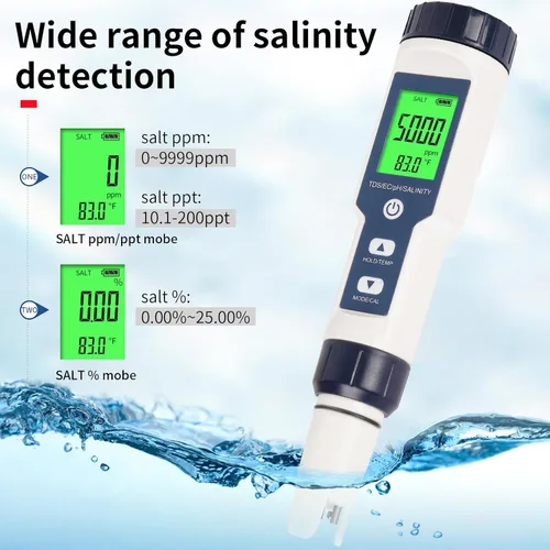 Miniatura 4 de Probador de sal de piscina, probador digital de agua de piscina, preciso y confiable, salinidad, medidor de pH, EC, TDS y temperatura 5 en 1; kit