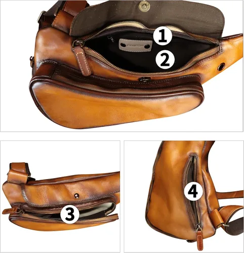Miniatura 3 de Bolso de cuero genuino para mujeres y hombres, mochila de cuero retro para el pecho, bolso cruzado