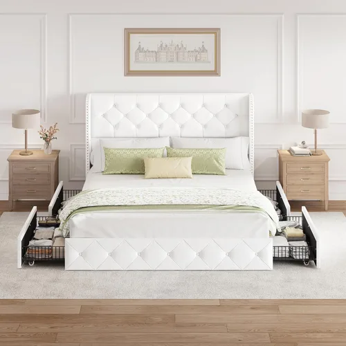 Miniatura 8 de BRELTAM Marco de Cama Tamaño Queen con Cajones de Almacenamiento y Cabecero Wingback Tapizado en Terciopelo Marco de Cama Plataforma Camas Blanco