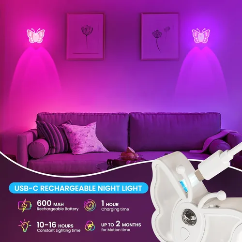 Miniatura 5 de LOFTEK Luz Nocturna de Mariposa, Luz Nocturna Recargable con Sensor de Movimiento, 2 Modos de Color y Luz Nocturna RGB Ajustable, Se Pega