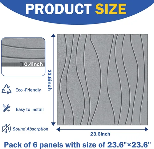 Miniatura 7 de 6 paneles acústicos, paneles de pared autoadhesivos insonorizados de 23.6 x 23.6 pulgadas, paneles de pared acústicos con ondas de agua, paneles
