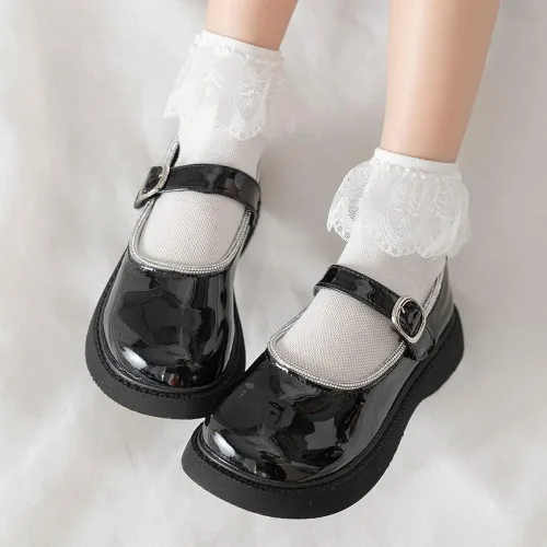Miniatura 4 de Looching 4 pares de calcetines de encaje de princesa de algodón con volantes sólidos para niñas pequeñas