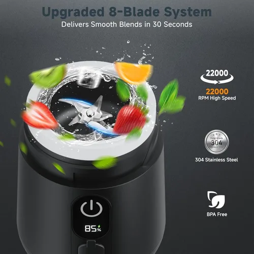Miniatura 8 de Licuadora portátil, 8 cuchillas de tamaño personal para batidos, vaso exprimidor recargable USB C con pantalla LED, mini mezclador para viajes
