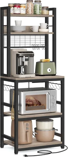 Miniatura 12 de VASAGLE Estante de panadería con toma de corriente, soporte para microondas, estante de almacenamiento alto de cocina, con panel de alambre