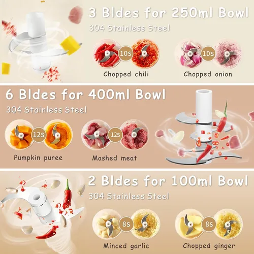 Miniatura 4 de Mini procesador de alimentos inalámbrico con múltiples 3 cuencos (13.5 fl oz+8.5 fl oz+3.4 fl oz) y 6+3+2 cuchillas, picadora de ajo, picadora
