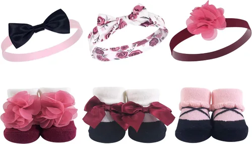 Hudson Baby Conjunto de regalo de diadema y calcetines para niña Borgoña Floral 6 piezas
