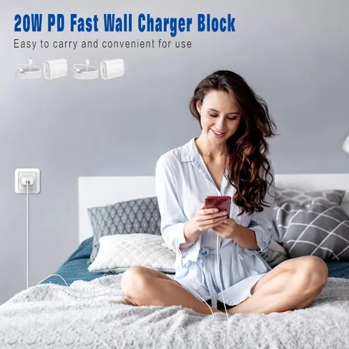 Miniatura 7 de Bloque de carga rápida USB C de 20 W PD para iPhone, paquete de 2 bloques de carga de pared tipo C con cable USB C a Lightning de 6 pies compatible