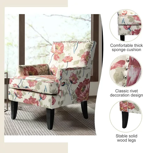 Miniatura 5 de HULALA HOME Silla decorativa moderna con brazos y patas de madera, silla decorativa de mediados de siglo, respaldo alto, reposabrazos acolchado