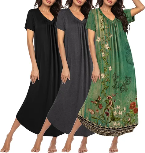 Miniatura 20 de Ekouaer Paquete de 3 camisones largos para mujer, talla grande, vestido de casa de manga corta, cuello en V, camisón casual, M-5XL