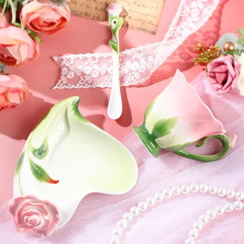 Miniatura 2 de Dandat Juego de tazas y platillos de té de rosas de cerámica con cuchara, taza y salsa en forma de flor de rosa, tazas de té de 6 onzas, taza