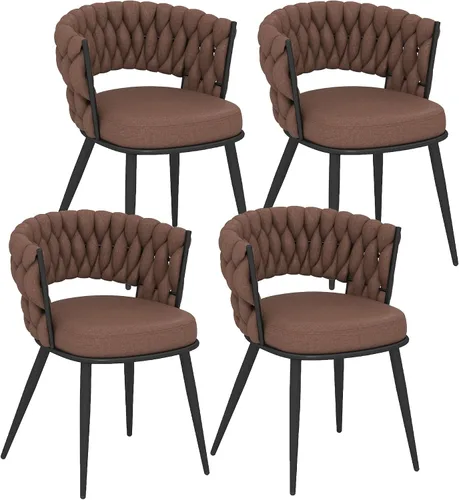 Miniatura 32 de Juego de 2 sillas de comedor tejidas, modernas sillas de comedor tejidas a mano con patas de metal negro, sillas tapizadas con marco negro