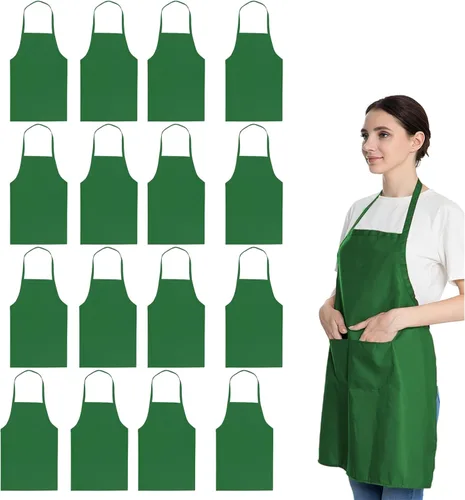 Miniatura 5 de Juego de 16 delantales rojos con babero liso a granel para mujeres, hombres y adultos con 2 bolsillos - Delantales de chef, cocina, pintura