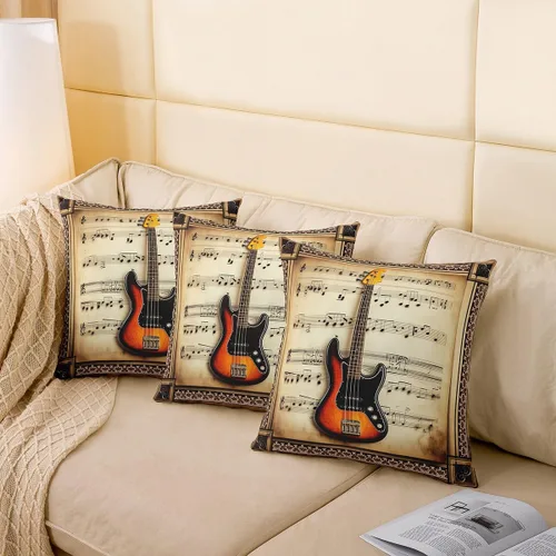 Miniatura 4 de Rustic Musical Double Sides Print Pillow Covers,Guitar Bass Instruments Print Soft Square Cushion Cases 24"x 24",Retro Note Boho Ethnic Plaid Throw
