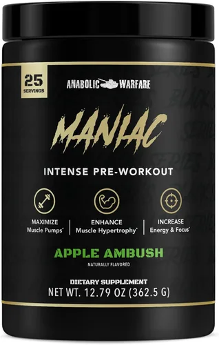 Anabolic Warfare Black Series Maniac, polvo de pre-entrenamiento, soporta óxido nítrico, bombas musculares y síntesis de proteínas* Apple Ambush