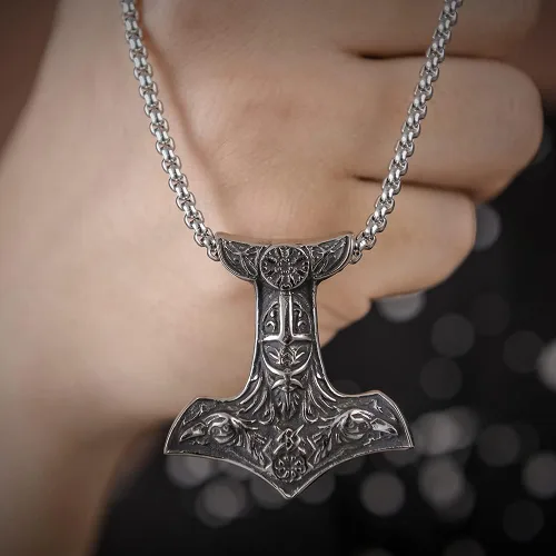 Miniatura 5 de Collar de martillo vikingo colgante nórdico de Mjolnir con cuervo amuleto pagano celta
