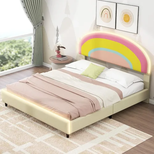Miniatura 18 de Cama de plataforma tapizada de tamaño individual con cabecero en forma de oso y rayas de luz incrustadas, bonito marco de cama de plataforma