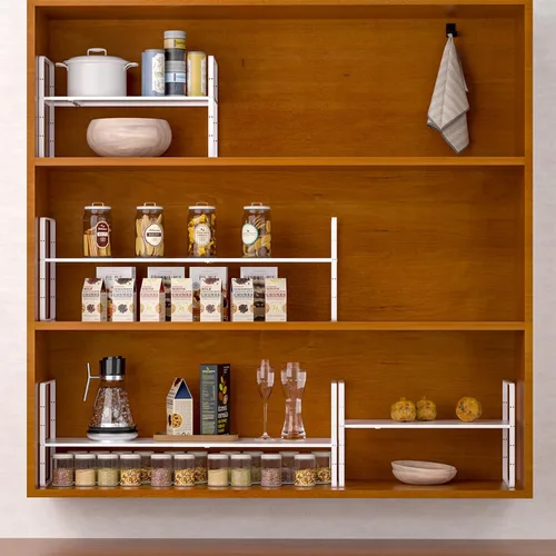Miniatura 6 de Paquete de 2 organizadores de estantes de gabinete de cocina expandibles, estantes de almacenamiento de despensa de metal apilables, estante Blanco