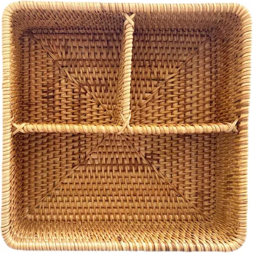 Miniatura 4 de i-lan Caja de almacenamiento tejida a mano de ratán con 3 compartimentos, 10.6 x 10.6 x 4 pulgadas, cesta dividida para servir botellas y utensilios