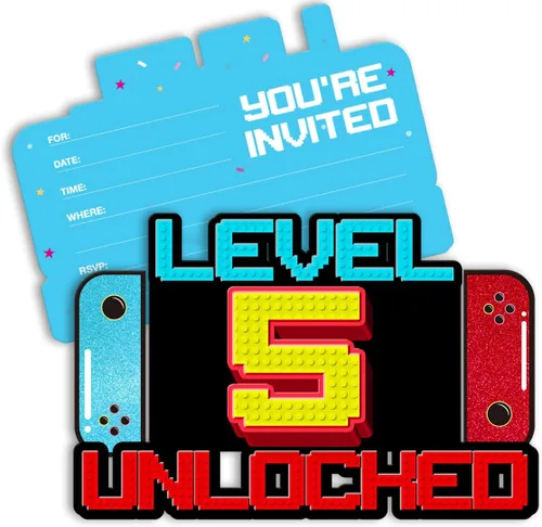 Miniatura 8 de Invitaciones de cumpleaños de videojuegos para niños de 7 años, invitaciones de cumpleaños para niños con purpurina, invitaciones de fiesta