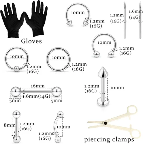Miniatura 2 de Qiwnswoy - Juego de 36 piercings de acero quirúrgico 14G 16G para ombligo lengua pezón nariz tabique piercing para tragus joyería para mujeres