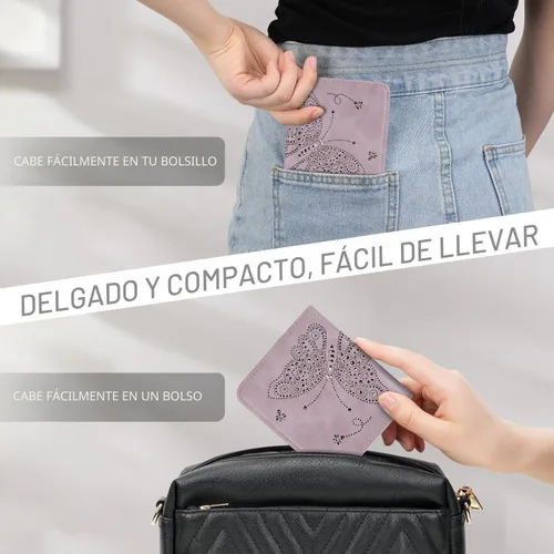 Miniatura 6 de KITEVIUN Pequeña cartera RFID para mujer, ultrafina, delgada, mini, compacta, plegable, con bolsillo, para mujer, púrpura (01-purple)