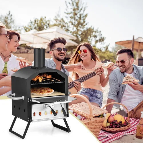 Miniatura 8 de COSTWAY Horno de Pizza de Picnic para Exteriores, Piedra de Fuego de Leña con Pala, Cubierta Impermeable, Patas Plegables, Fabricador de Pizza