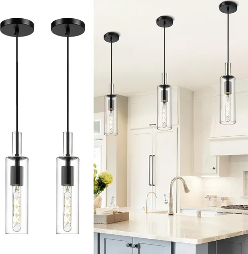 Miniatura 11 de AUTELO Lámparas Colgantes Modernas, Lámpara Colgante de Vidrio de 1 Luz, Luminarias Colgantes Industriales en Acabado de Metal Negro con Vidrio