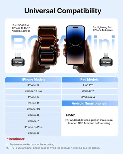 Miniatura 5 de BOYA Mini 2 Micrófono inalámbrico Lavalier para iPhone 15-17/Android, cancelación de ruido, control de aplicaciones, 48 kHz/24 bits, mini micrófono