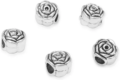 Miniatura 4 de 10 cuentas sueltas de gran agujero de flor de rosa (agujero de 0.177 in) espaciador de metal plateado antiguo para manualidades de joyería MEC-E3