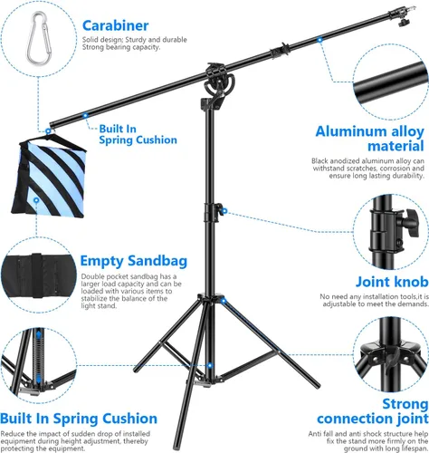 Miniatura 6 de Neewer Soporte de Luz de Fotografía 2 en 1, Aleación de Aluminio de 9.7 pies Trípode Resistente Heavy Duty con Brazo Boom de 3.8 pies y Bolsa