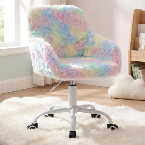 Miniatura 10 de LukeAlon Silla de escritorio ajustable para niños, silla de estudio peluda con base giratoria, bonita silla de lectura tapizada de piel sintética