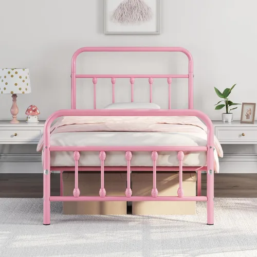 Miniatura 25 de Yaheetech Base de cama clásica de metal con base de colchón con estilo victoriano, cabecera, estribo, almacenamiento debajo de la cama, no necesita